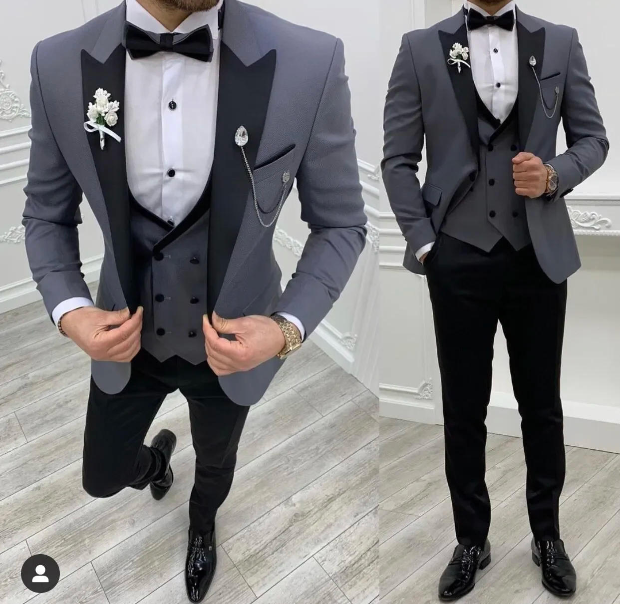 Description Picture 6 of itemNew Grey Costume Slim Fit Men Suits Black Pant Slim Fit Groom Tuxedos For Formal Wedding Suit Jacket Pant Vest 3 Pieces Blazer