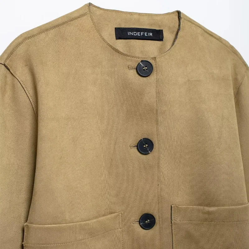 Description Picture 5 of itemTRAF Jackets Outerwears Cropped Suede Jacket Women Autumn Demi-Season Long Sleeve Coats Casual Button Elegant Short Solid Coats