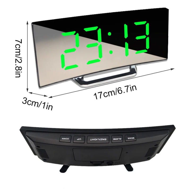 Description Picture 4 of itemLed Alarm Clock Digital Children Electronic Alarm Clocks Curved Screen Mirror Temperature Clock with Snooze Function Desk Clock