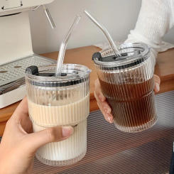 Cute Vertical Bamboo Cup Milk Coffee Water High-Value Glass Tumbler for Home Office Us Aesthetic Durable Drinkware Summer Winter