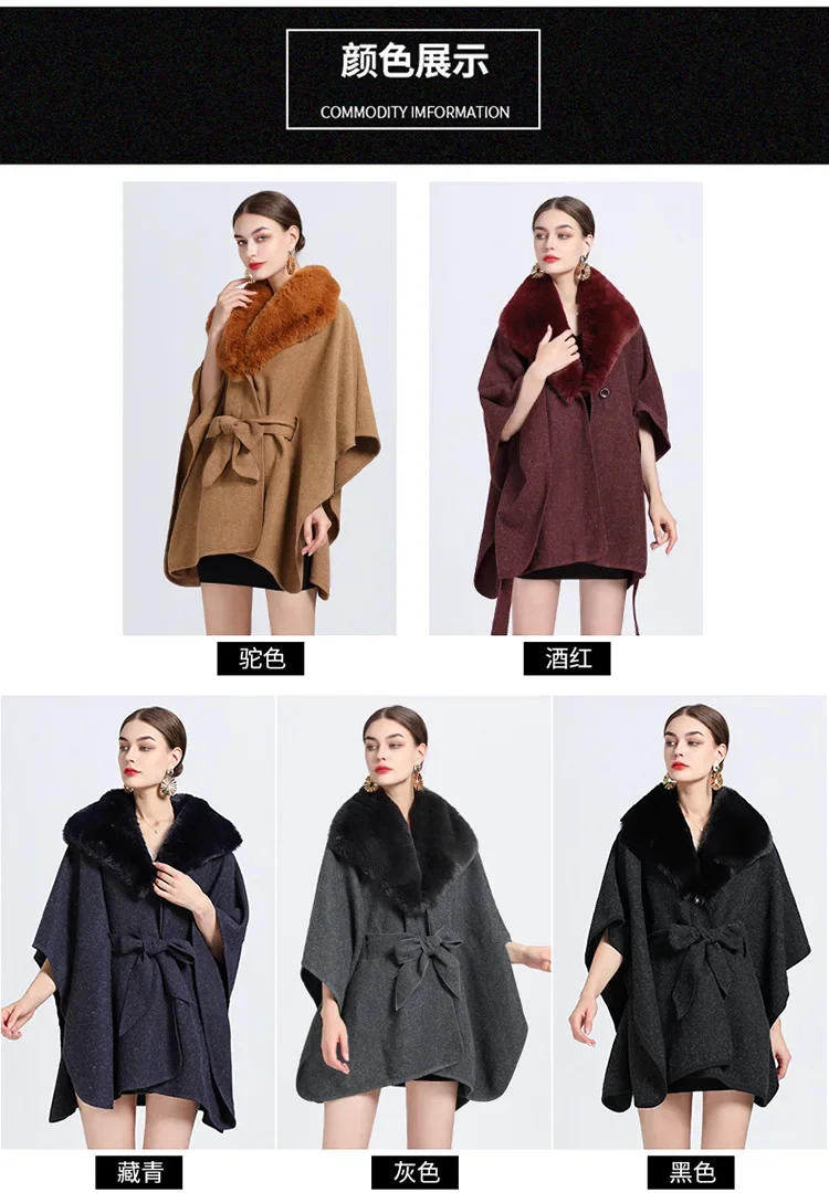 Description Picture 2 of item5 Colors Women Cardigan Triangle Neck Belt Out Streetwear Loose Cloak Winter Warm Woolen Poncho Cappa Faux Rabbit Fur Shawl Coat