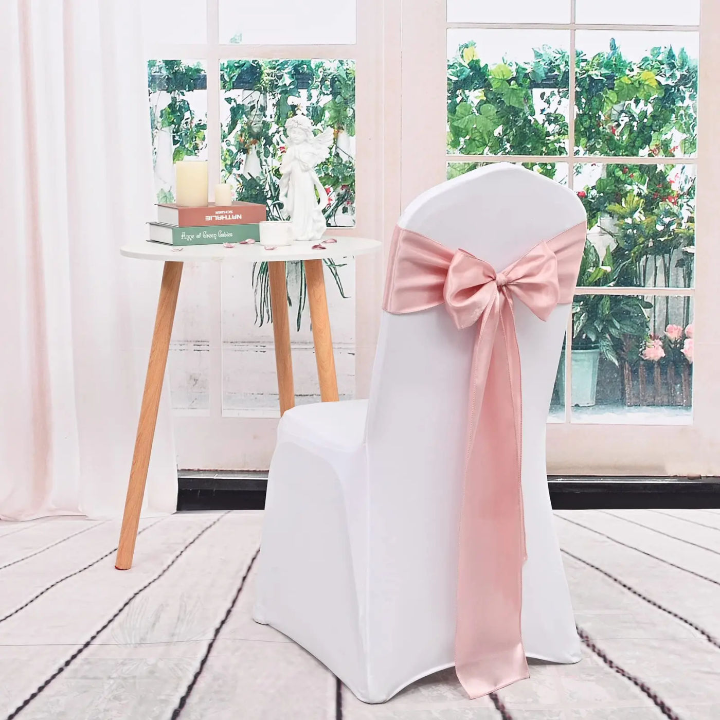 Description Picture 2 of item10/50PCS 17x275cm Satin Chair Sashes Rose Gold Bows Chair Cover Ribbons for Wedding Banquet Party Baby Shower Event Decorations
