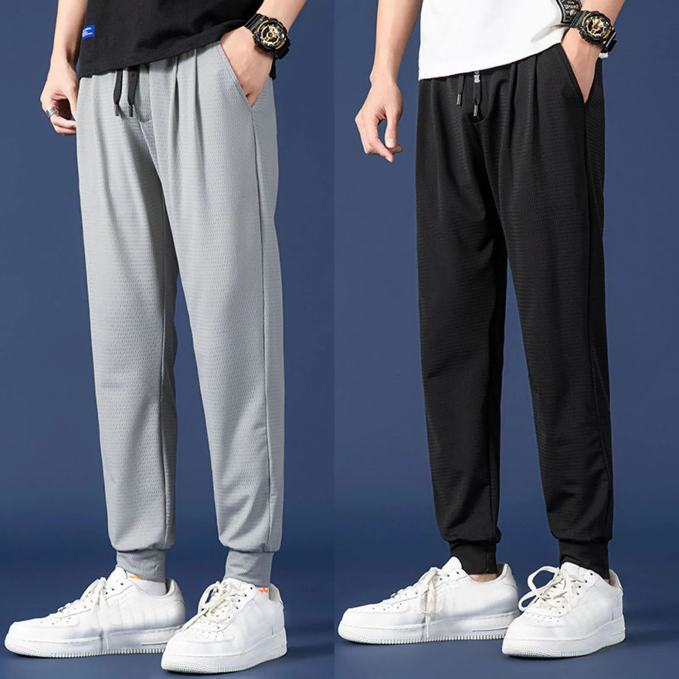 Description Picture 2 of itemMens Mesh Sweatpants Breathable Solid Color Bunched Feet Jogging Trousers Drawstring Double Pocket Sports Pants Retro Sportswear