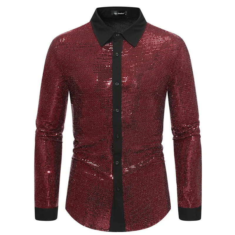 Description Picture 5 of itemSummer New Men Shiny Long-sleeved Loose Shirt Fashion Singer Stage Performance Lapel Dress Tops