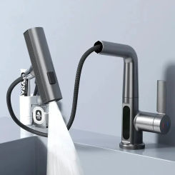 Black Waterfall Basin Faucet Multifunction Lift Up Down Stream Sprayer Hot Cold Gray Water Sink Mixer White Wash Tap  Bathroom