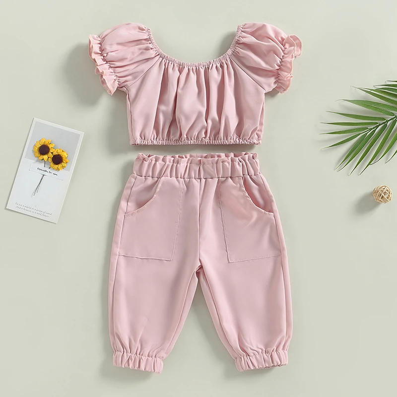 Description Picture 2 of itemToddler Baby Girls Summer Clothes Set Solid Color Puff Short Sleeves T-shirt and Stretch Casual Pants