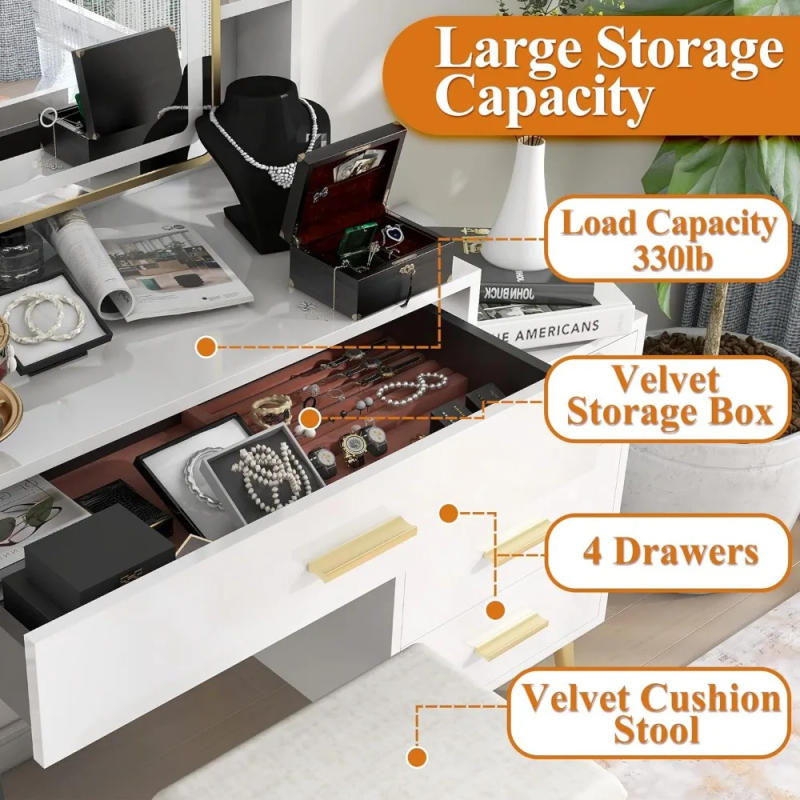 Description Picture 6 of itemMakeup Vanity With 4 Drawers Vanity Mirror With Lights and Table Set Rectangular Mirror White Freight Free Dressing Dresser Home