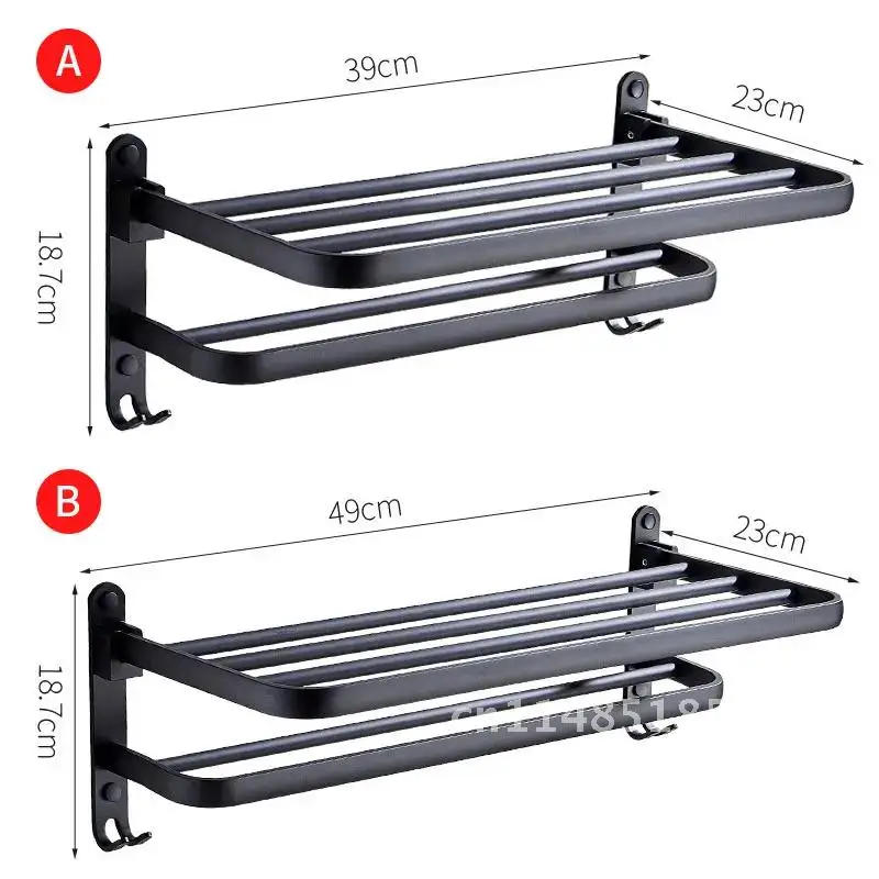 Description Picture 6 of itemFrosted Black Aluminum Wall-Mounted Folding Bathroom Towel Rack With Hook Rack Shower Room Accessorie Storage Shelf
