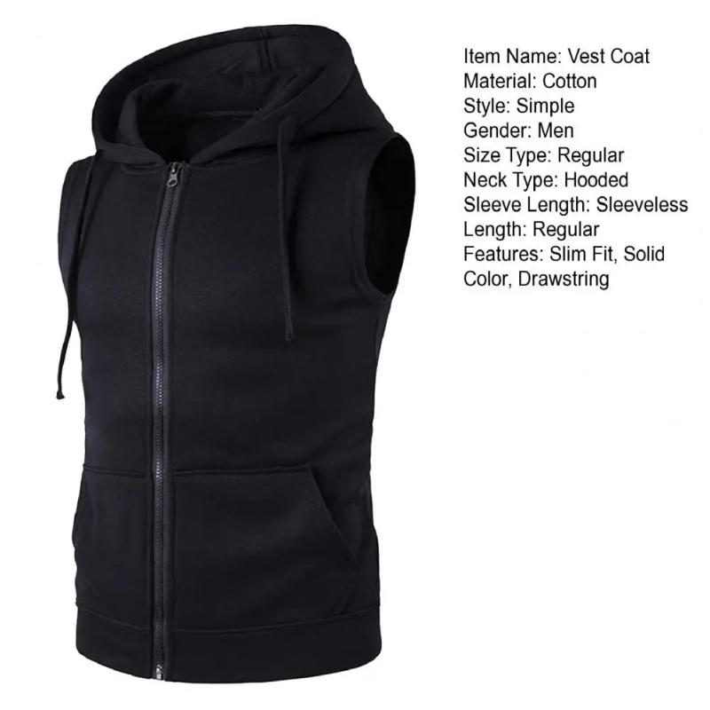 Description Picture 3 of itemHooded Jacket Men's Hooded Sleeveless Vest with Zipper Placket Pockets Summer Waistcoat Coat for Outdoor Activities Men Hooded