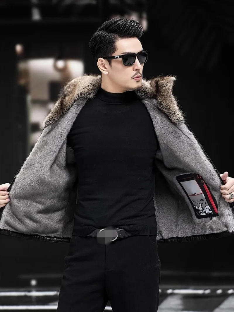 Description Picture 6 of itemFashion Mens Genuine Leather Jacket Winter Warm Artificial Mink Fur Lining Slim Fit Zipper Business Casual Sheepskin Short Coat
