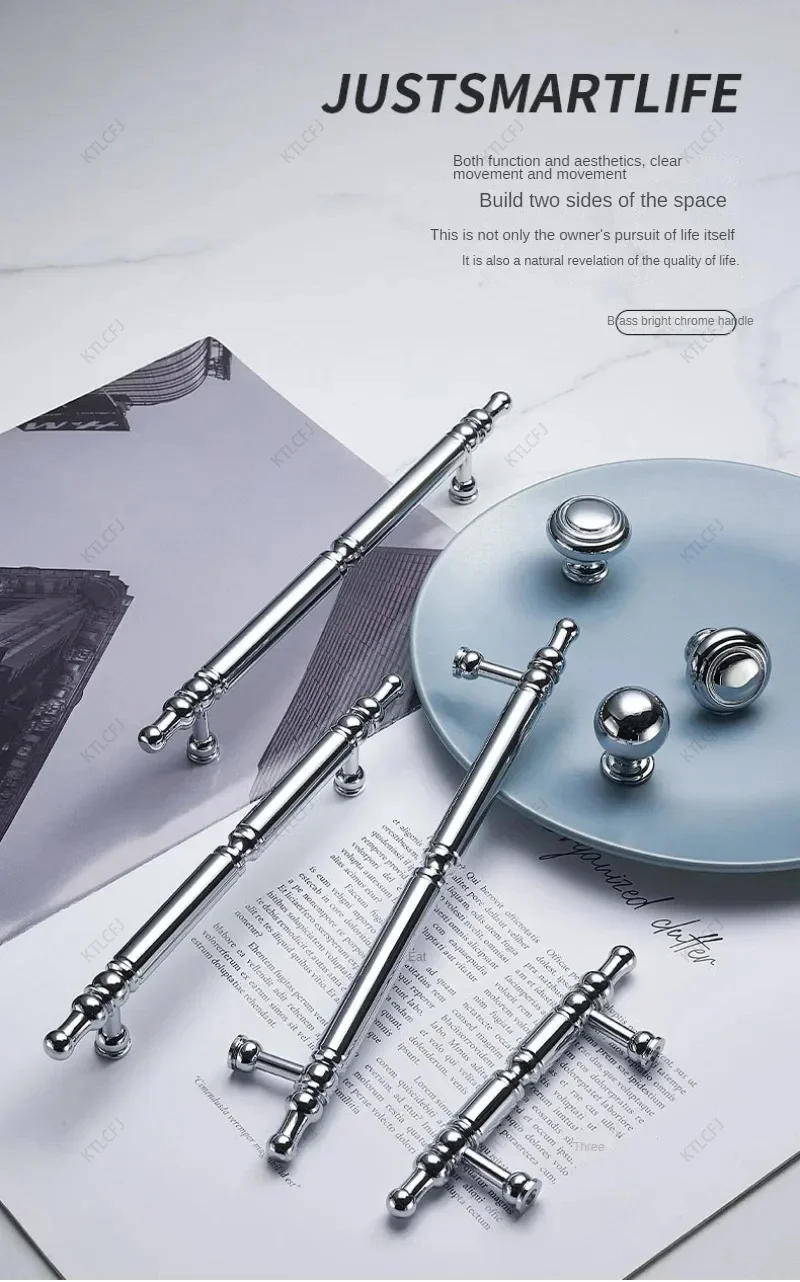 Description Picture 2 of itemBright Chrome Plated French Pure Copper Handle Light Luxury Simple Wardrobe Door Cabinet Bedside Table Silver Brass Handle