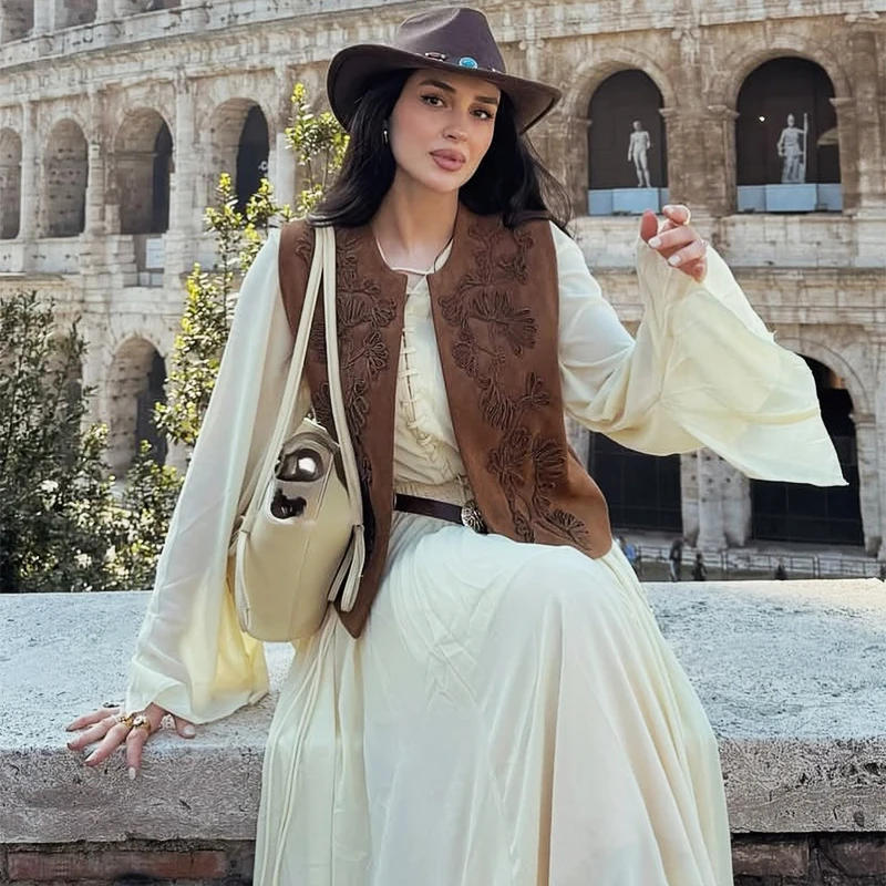 Description Picture 4 of itemWomen Embroidered Vest Top O Neck Faux Suede Women's Sleeveless Vest Casual Loose Waistcoat Woman Chic Lady Top Street Outwear