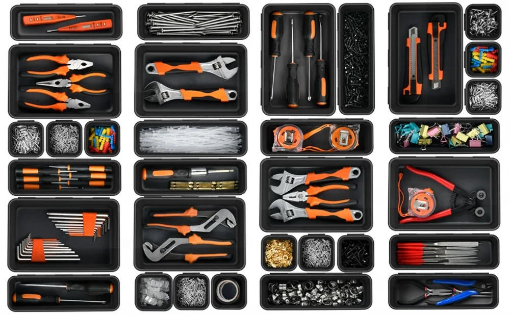 Description Picture 6 of item32PCS Desk Drawer Organizers 3 Size Plastic Interlocking Shallow Tool Organizer Tray Dividers Separators Storage Bins Container