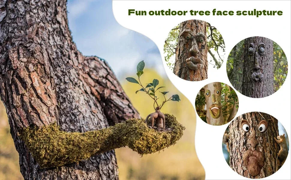 Description Picture 6 of itemOutdoor Tree Face Statues Old Man Tree Hugger Bark Ghost Face Decoration Funny Yard Art Tree Decor Outdoor Garden Creative Props