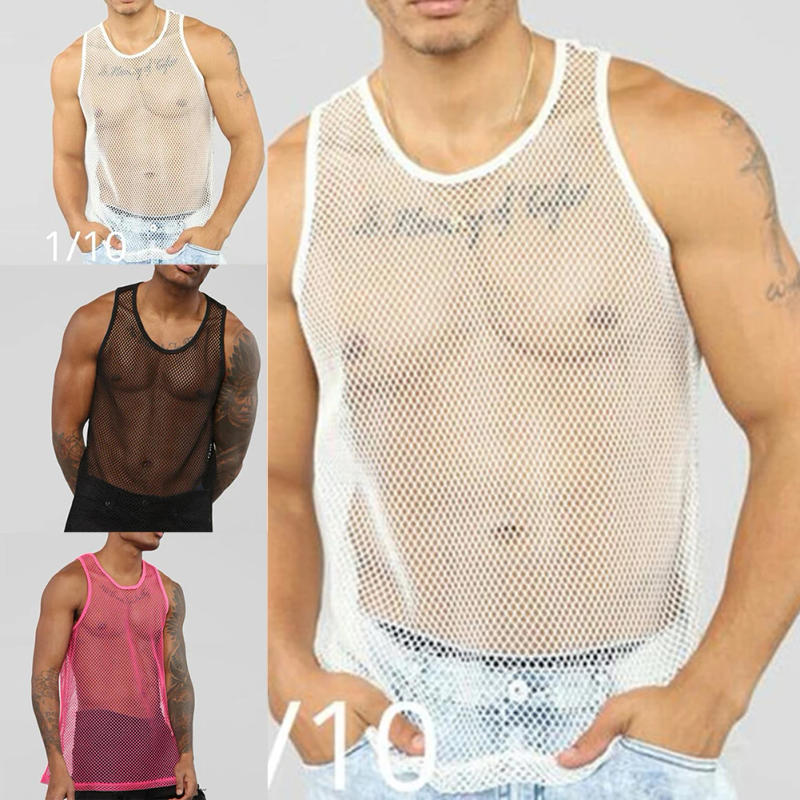 Description Picture 2 of itemTank Tops Vest Men O-neck Party Nightclub Wear Polyester Rose Red Black Fashion M-2XL Mesh Patchwork Sexy Vests