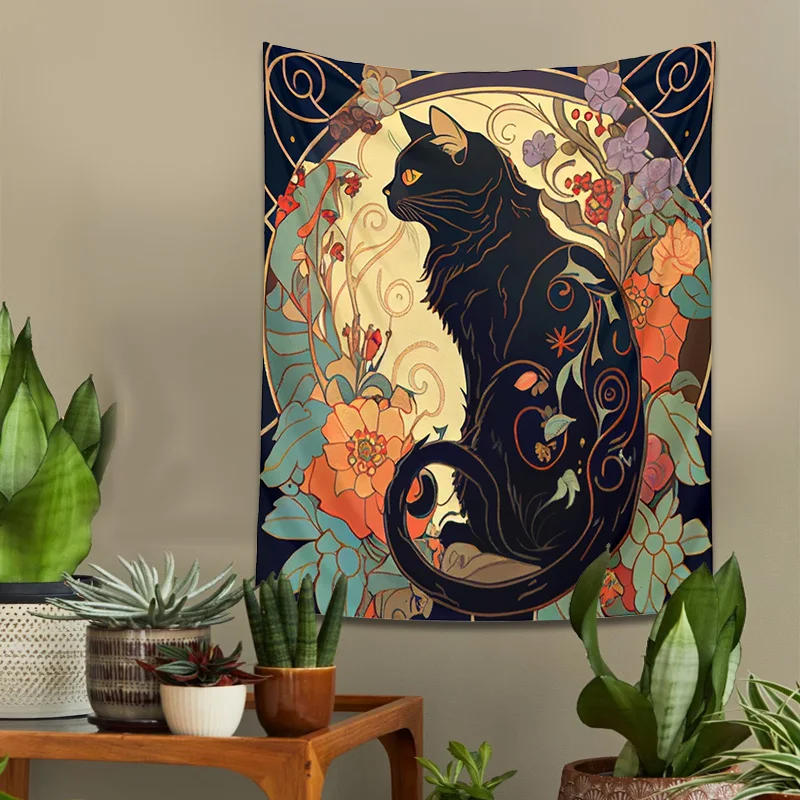 Description Picture 5 of itemPsychedelic Black Cat Tapestry Wall Hanging Rose and Sunbeam Art Nouveau Floral Wall Art Animal Cat Lovers Gift Home Decor