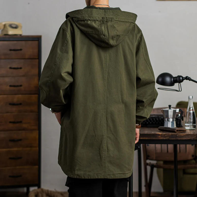 Description Picture 4 of itemMen's Military Tactical Hooded Trench Coat Zipper Mid-length Casual Windbreaker for Autumn and Spring Vintage Clothes Parka