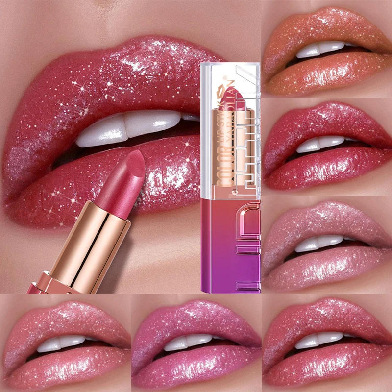 Description Picture 5 of item6 Colors Pearlescent Pink Glitter Lipstick Lasting Hydrating Sparkling Shine Lip Color Diamond Lipstick Women Makeup Cosmetics