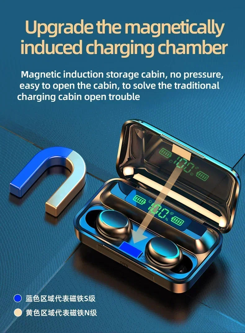 Description Picture 5 of itemNew F9 Bluetooth Headphones 9D Stereo High Bass Sport Earphones Handfree Touch Control Tws Wireless Earbuds Waterproof Headset