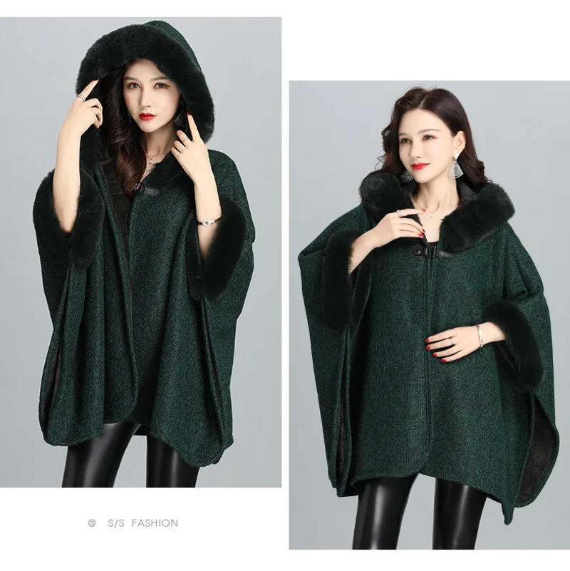 Description Picture 3 of item2024 Women Faux Fur Neck Knitted Overcoat With Hat Winter Warm Thick Batwing Sleeves Horn Buckle Loose Cloak Velvet Poncho Capes