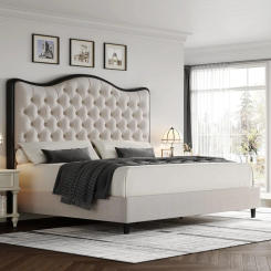 Queen Size Platform Bed Frame with 55" Tall Curved Headboard, Linen Modern Upholstered Bed Frame with Deep Tufted Button