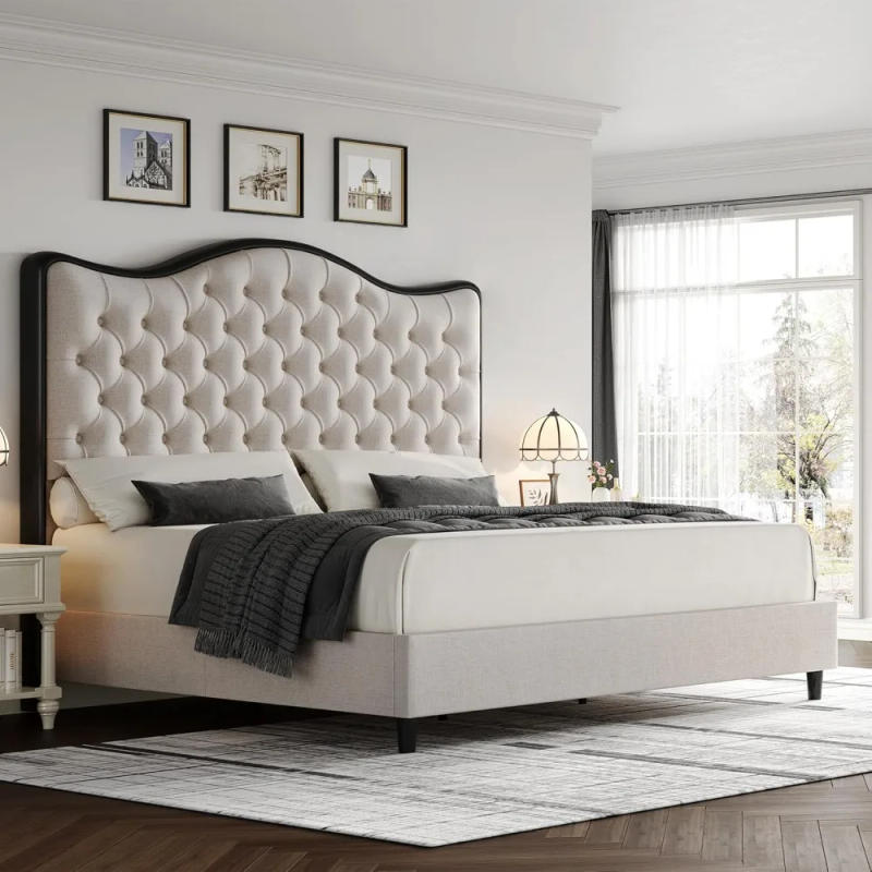 Description Picture 2 of itemQueen Size Platform Bed Frame with 55" Tall Curved Headboard, Linen Modern Upholstered Bed Frame with Deep Tufted Button