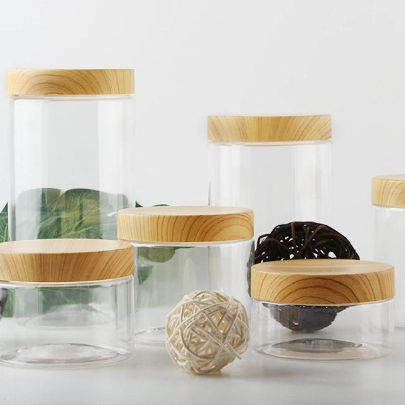 Description Picture 2 of itemImitation Wood Grain Sealed Jar Transparent Plastic Food Jar Dried Fruit PET Flower Tea Biscuit Box Food Packaging Bottles
