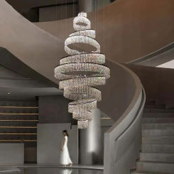 Luxury Staircase Crystal LED Chandelier for Living Room Lobby Large Modern Ring Cristal Hanging Lighting Chrome Long Indoor Lamp