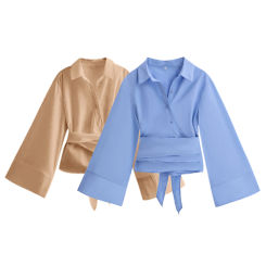 2025 NeW Women's Fashion Casual Polo Neck Bow Tie-Up Short Edition Double Breasted Poplin Daily Work Shirt Elegant Gifts