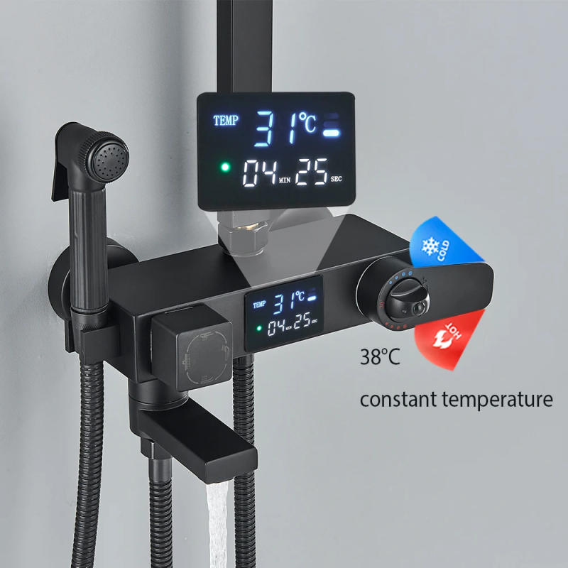 Description Picture 5 of itemBlack Display Thermostatic Shower Faucet Set Rainfall Bathtub Tap With Bathroom Shelf Bathroom Shower Mixer Crane Bidet Faucet