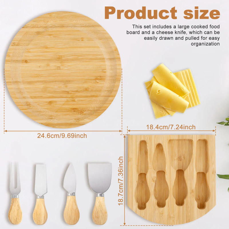 Description Picture 4 of itemPizza Board Bamboo Tray Cheese Plate With Cheese Knife Mini Cake Dessert Pallet Xmas Party Pudding Pizza Bread Cutter Tray Set