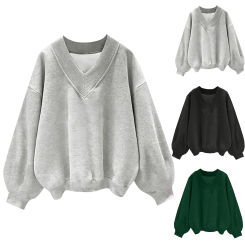 Autumn Women Sweatshirts V-Neck Long Sleeve Oversized Solid Color T-Shirts Casual Loose Fit Athletic Workout Pullover Tops