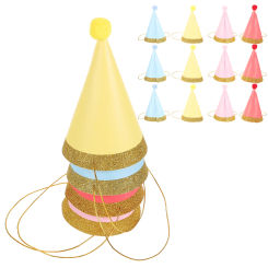 12pcs Kids Pom Pom Birthday Hats Hats Hat Glitter Party Golden Rim Photo Props for Children Decoration (Pink, Red, Yellow,