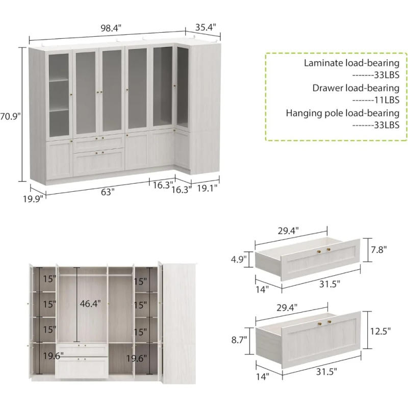 Description Picture 6 of itemLarge L-shaped wardrobe with 6 frosted glass doors,hanging poles, shelves, and drawers, 98.4-inch wooden bedroom storage cabinet