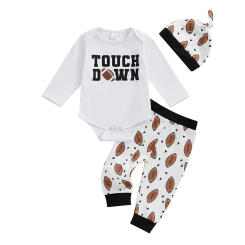 Baby Boys Pants Set Long Sleeve Crew Neck Letters Print Romper with Rugby Print Sweatpants and Hat Fall Outfit