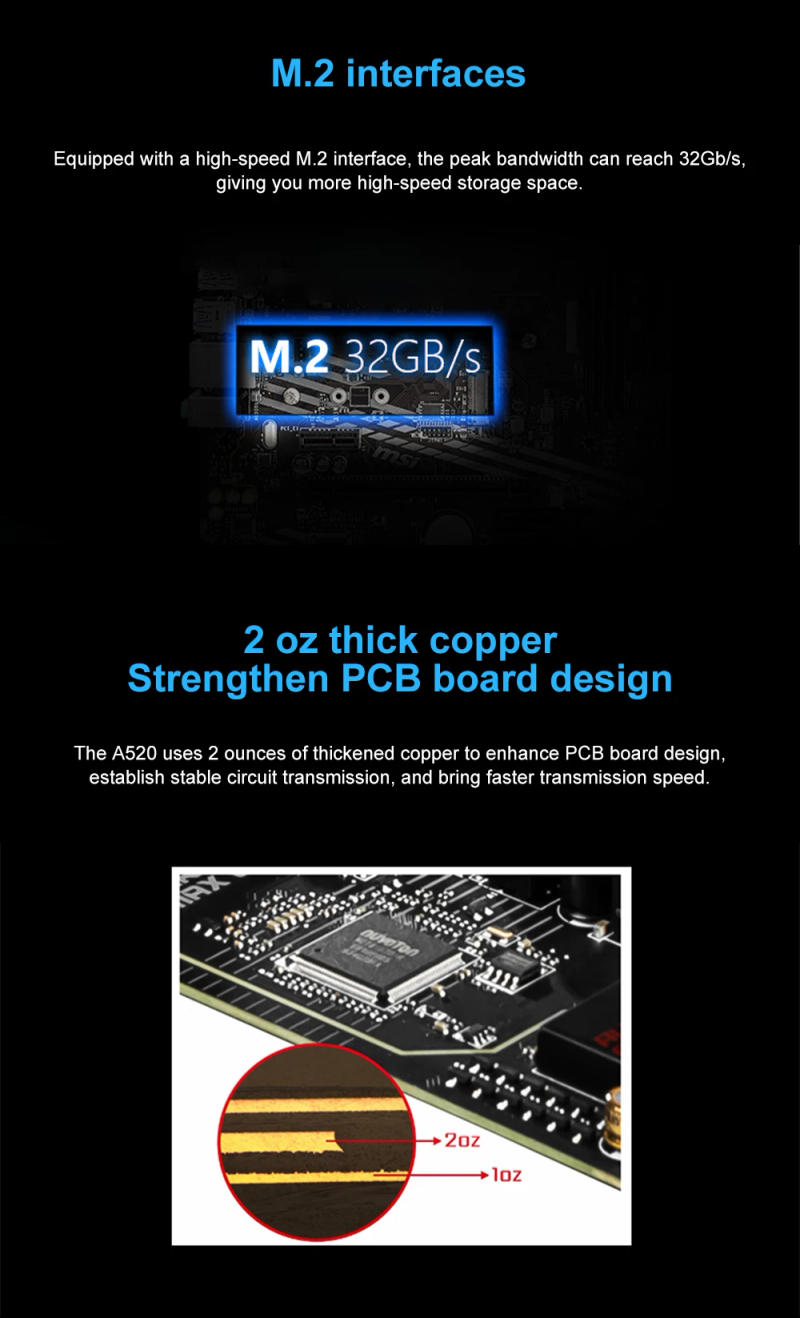 Description Picture 3 of itemMSI A520M A PRO Motherboard DDR4 M.2 Socket AM4 USB3.2 STAT 3.0 SSD 4600(OC) MHz Audio Boost AMD A520 Mainboard placa mae