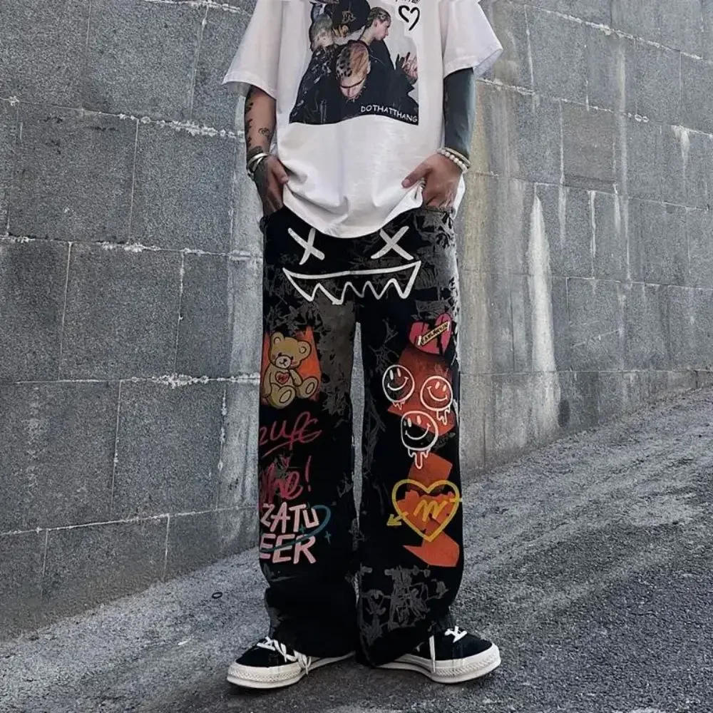 Description Picture 4 of itemRetro Print Graffiti Straight Pants Loose Denim Trousers Street Casual Wide Leg Men Pants Hip Hop Cargo
