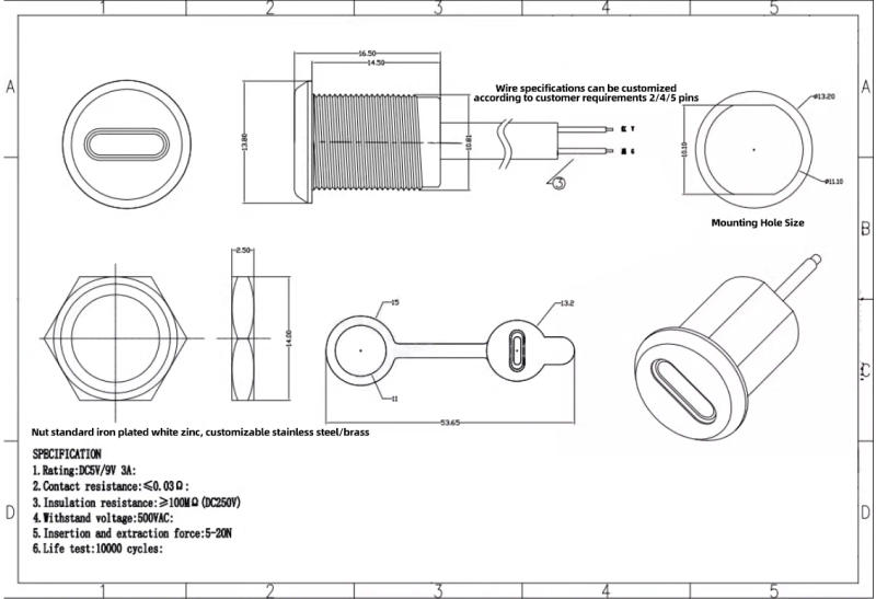 Description Picture 3 of itemTYPE-C USB Connector 2/4 Pins With 15cm Wire Waterproof Female Seat With PH2.0 Terminal Nut Lock Plate