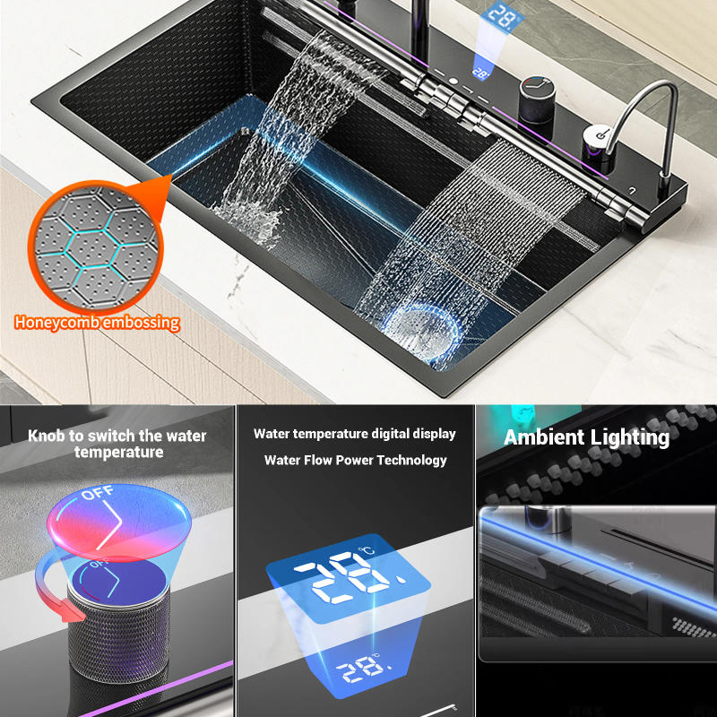 Description Picture 4 of itemStainless Steel Dual Waterfall Kitchen Sink Honeycomb Modern Kitchen Sink Single Bowl Digital Smart Sink with Soap Dispenser