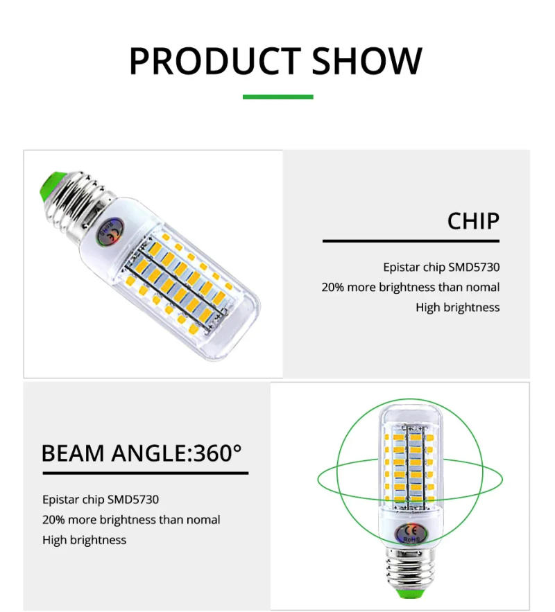 Description Picture 6 of itemE27 LED Lamp E14 LED SMD 5730 220V Corn Light Bulbs 24 36 56 72LEDs Lamparas LED Chandelie For Home Decoration Ampoule Led Light