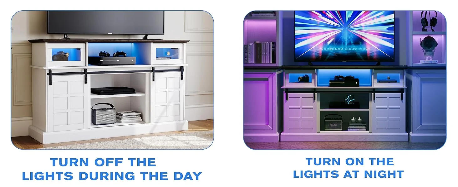 Description Picture 4 of itemLGHM Farmhouse TV Stand w/LED Light, White TV Stand for 65 inch TVs, Entertainment Center TV Cabinet Stands with Flip Drawers.