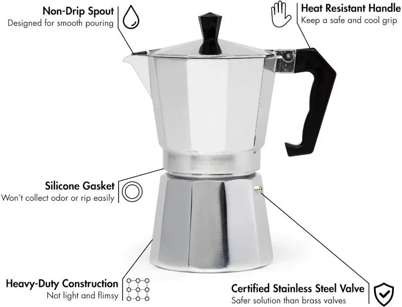 Description Picture 6 of itemNew Mocha Coffee Pot Stovetop Espresso Maker Aluminum Silver Coffee Percolator Home Hand-brewed Octagonal Moka Pot Kitchen Tool