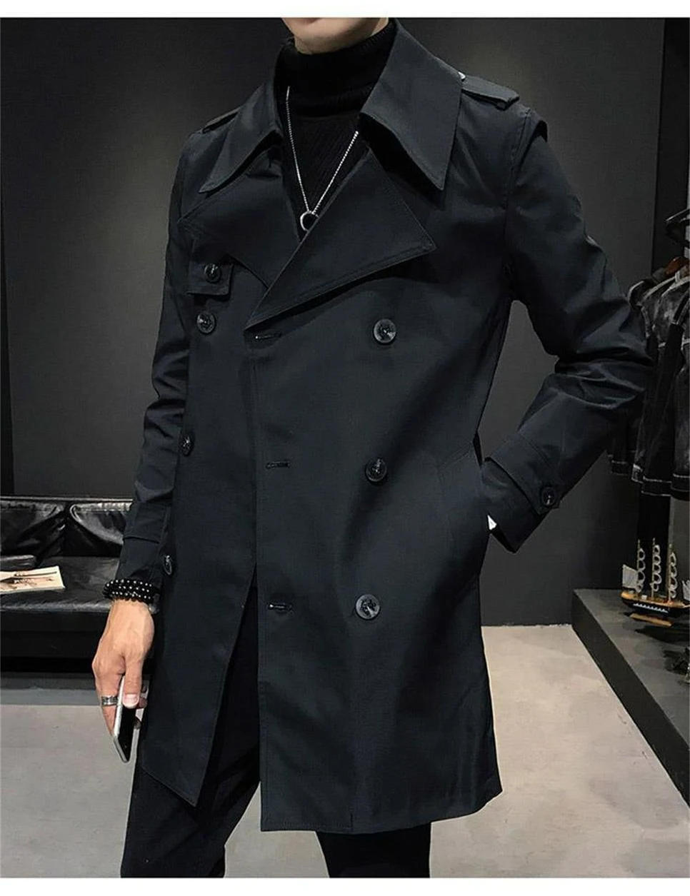 Description Picture 3 of itemTrench Coat Men Mid-Length Korean-Style Slim-Fit Trendy Outwear Male Casual Polo Collar Solid Color Double Breasted Outcoat 2024