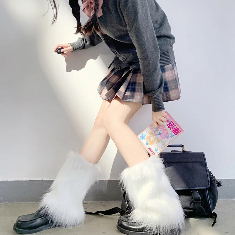 Description Picture 4 of itemJapanese White Faux Fur Leg Warmers Boot Covers Y2K Goth Solid Leg Socks Punk Jk Knee-length Hiphop Hotgirl Fashion Warm Sock