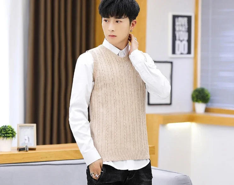 Description Picture 6 of itemMan Clothes Graphic White Knitted Sweaters for Men Waistcoat Solid Color Vest Plain Sleeveless Cheap Pull Oversize Order Jumpers