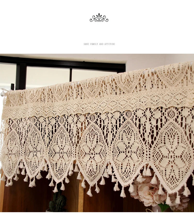 Description Picture 3 of itemRetro Crochet Curtains Valance Kitchen Window Curtain Tiers Rod Pocket Farmhouse Short Curtains for Room Divider Doorway Curtain