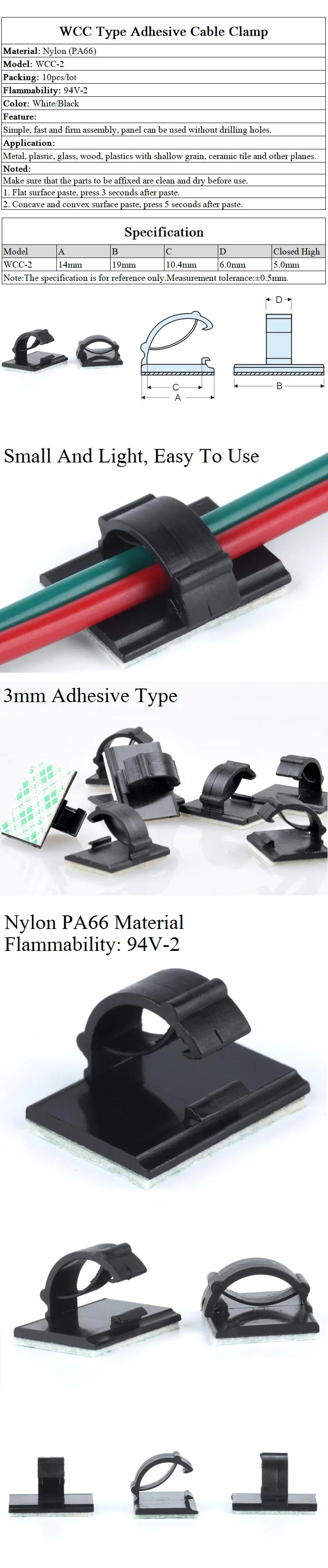 Description Picture 2 of item10/50pcs WCC-2 Cable Clamp Self Adhesive Wire Clip Tie Fixer Mounting Desk Line Holder Organizer Management Fastener White Black