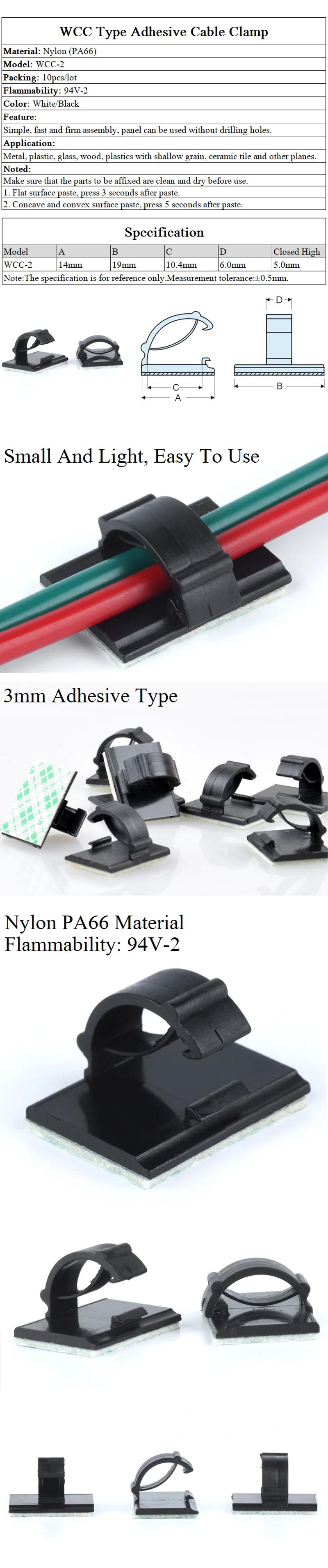 Description Picture 2 of item10/50pcs WCC-2 Cable Clamp Self Adhesive Wire Clip Tie Fixer Mounting Desk Line Holder Organizer Management Fastener White Black