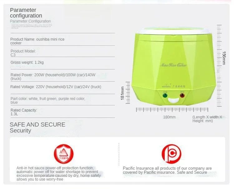 Description Picture 6 of itemMini Rice Cooker 1.3L Electric Heating Lunch Box Portable Food Steamer Electric Cooker For Car Truck Multicooker 12/24V