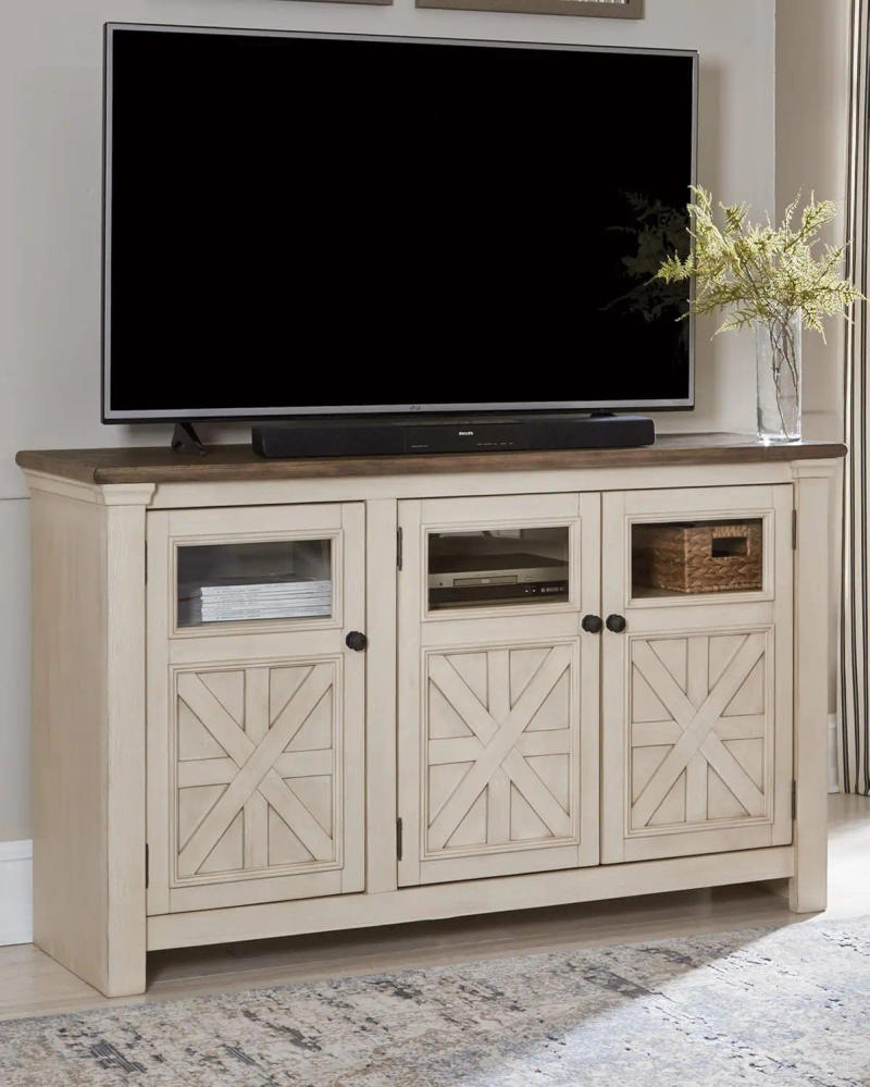 Description Picture 3 of itemBolanburg Farmhouse TV Stand Fits TVs up to 58" 2 Cabinet Doors and 4 Adjustable Storage Shelves Whitewash & Light Brown